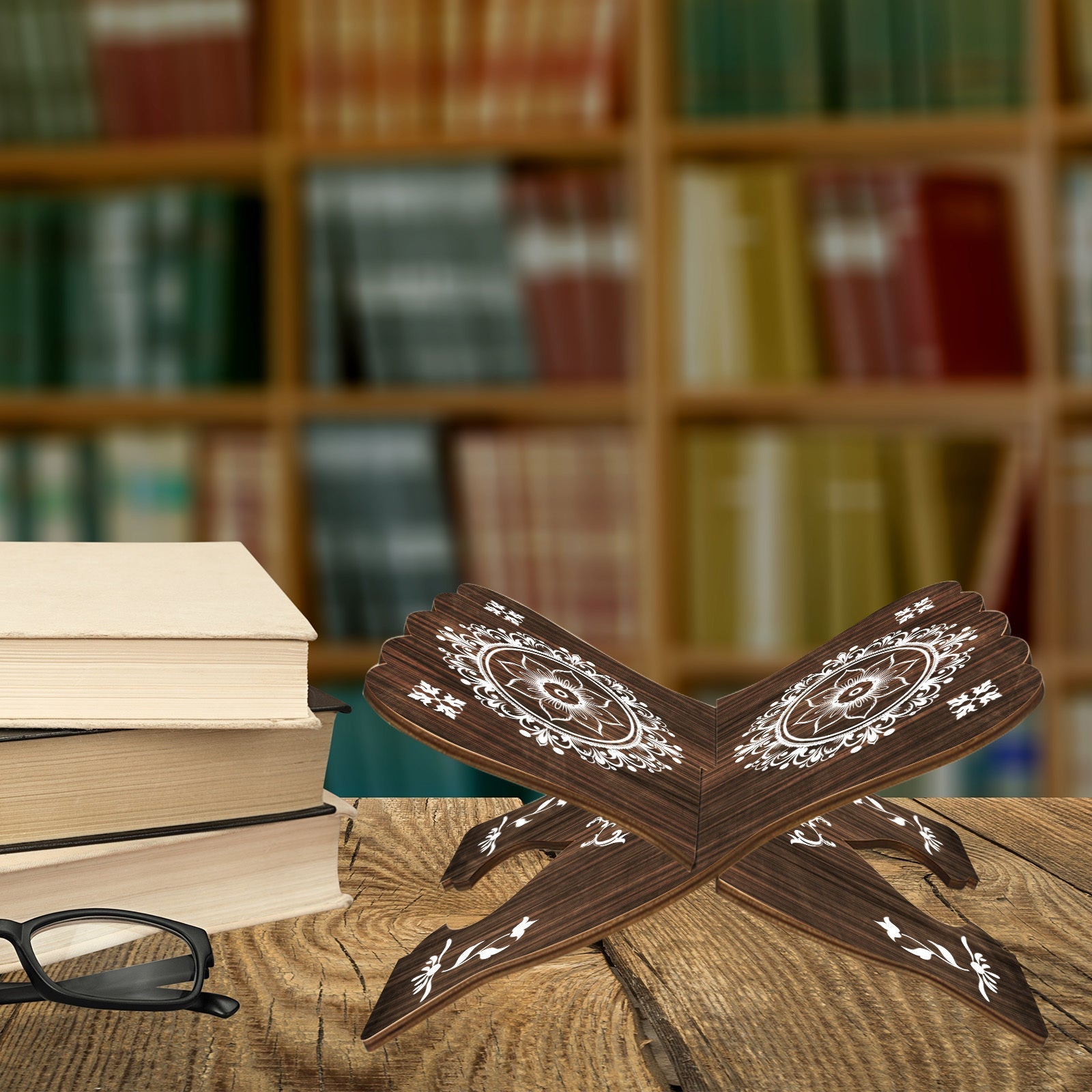 Estantería Islámica - Elegante Soporte Plegable de Madera con Tallados Florales y Geométricos, Perfecto para el Corán, la Biblia y Revistas, Regalo Ideal para Ramadán y Festividades Musulmanas | Exquisita Carpintería | Portabooks Duradero