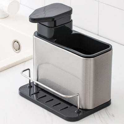 1 pieza, dispensador de jabón para fregadero de cocina de acero inoxidable con soporte para esponja, bandeja organizadora 3 en 1 para líquido de lavado de platos y esponjas, soporte de drenaje, almacenamiento de encimera para cepillos de limpieza y platos
