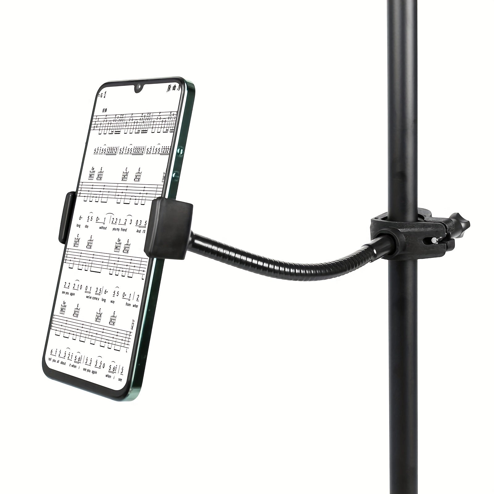 Un soporte para teléfono móvil para micrófono, hecho de material PP; la cabeza de bola metálica puede rotar 360°, con un cuello flexible que se puede ajustar a cualquier ángulo; el abrazadera en forma de O es más estable y más ajustado; dos colectores de