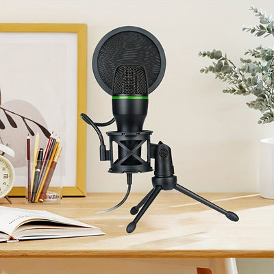 Micrófono de juego de 3,5 mm con alimentación USB, filtro de pop y soporte ajustable - Micrófono de voz con cancelación de ruido para transmisión en vivo, grabación, KTV - Negro, micrófono para juegos, configuración de transmisión, diseño elegante, const