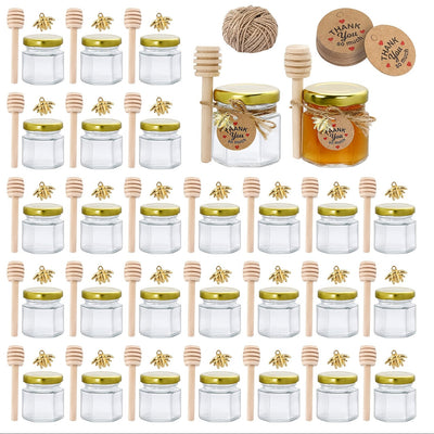Tarros de Miel de Vidrio Hexagonal Miniatura de 1.5 Onzas, Disponibles en Conjuntos de 20, 30, 50 o 60, Incluyen una Cuchara, Símbolo de Abeja y Tarjeta de Agradecimiento - Tarros con Tapa Dorada, Perfectos para Regalos de Bebé, Bodas y Fiestas.
