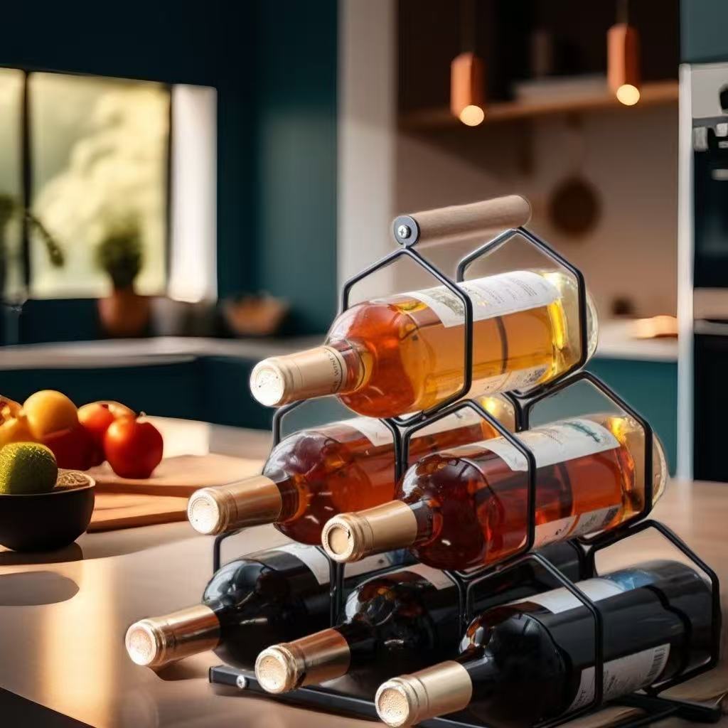 Un soporte de vino creativo que puede almacenar seis botellas, ideal para armarios de vino en casa y áreas de comedor de lujo.