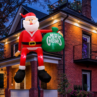 Papá Noel inflable en el techo con bolsa verde decoración de jardín, tema de vacaciones de Navidad, material de poliuretano, con luces LED, para montaje en techo, alimentado por enchufe de 120V EE. UU.