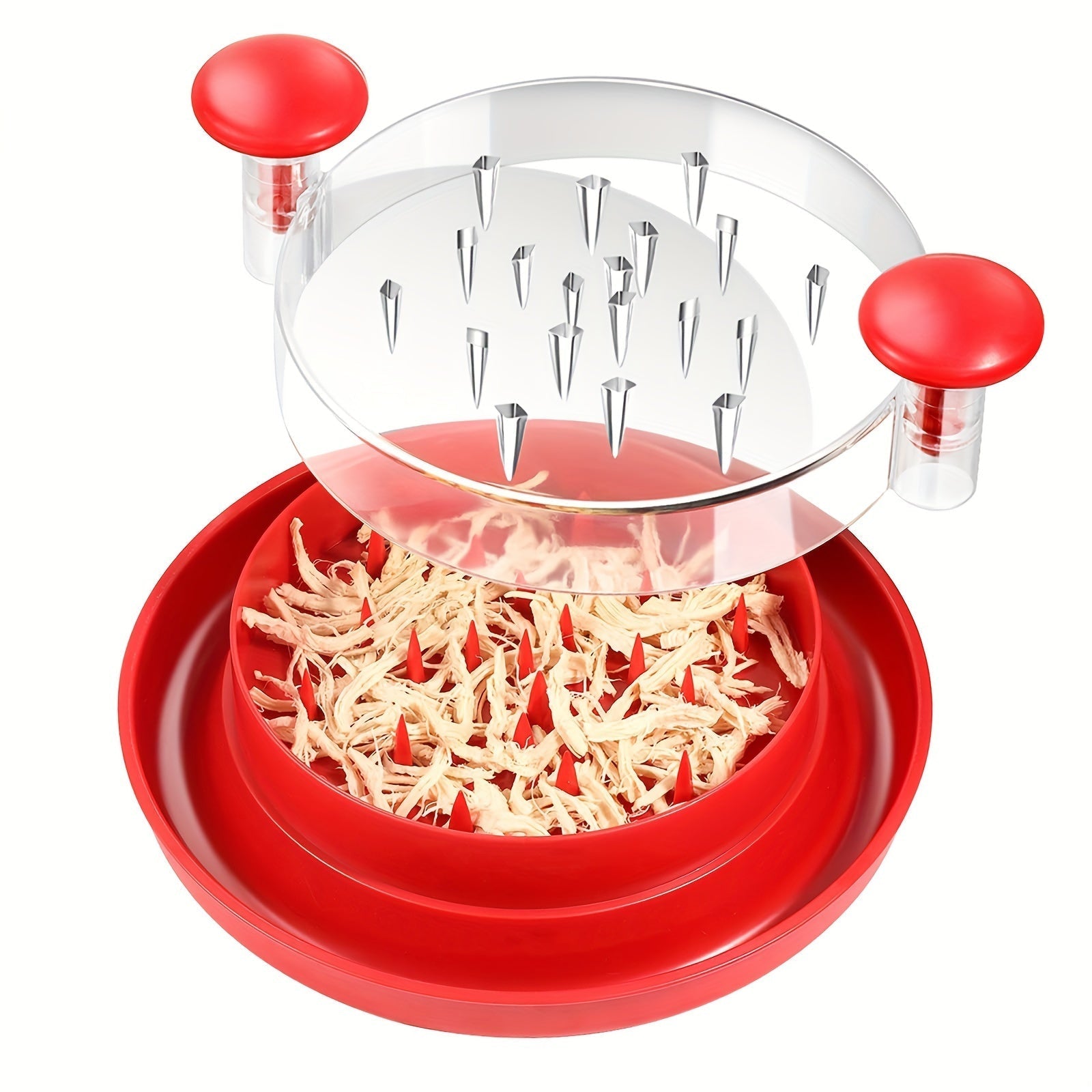Desmenuzadora de pollo de plástico con agarre ergonómico y base antideslizante - Desmenuzadora de carne con dientes para pollo, carne de res, verduras, cubierta transparente grande, utensilio de cocina fácil de limpiar