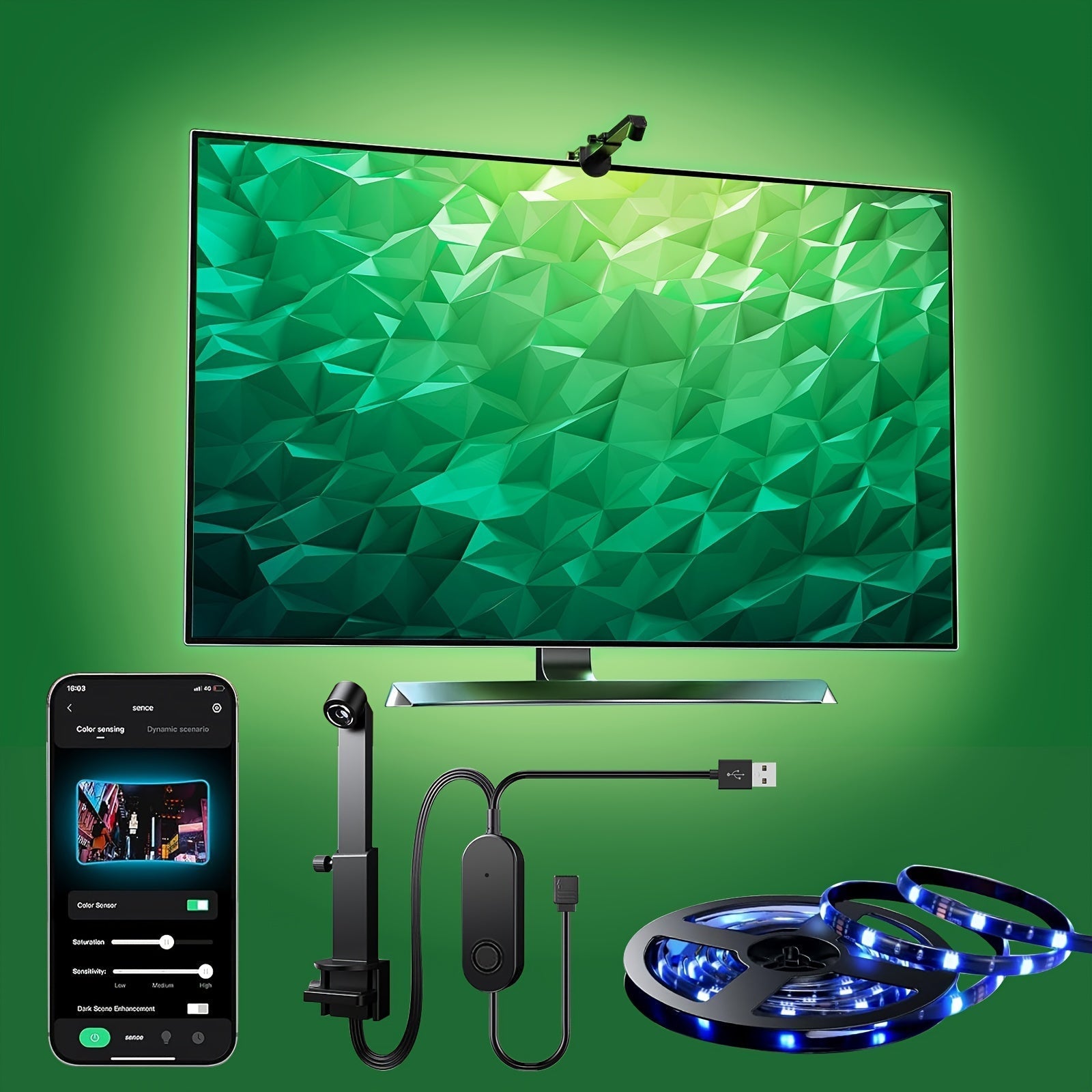 Tira de luz de fondo LED para TV, sensor de gama de color AR recoge parte del color en el TV, 12.5 pies (adecuado para 55-65 pulgadas) - 16.4 pies (70-85 pulgadas) tira de luz RGB, adecuada para computadoras, TV y monitores de 55-85 pulgadas, compatible