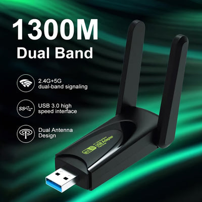 Adaptador de red inalámbrico WiFi 6, adaptador de red inalámbrico USB 1300Mbps con antena dual banda de alta ganancia incorporada, compatible con 5G/2.4G, viene con controladores y es compatible con Windows 10/11/8.1/7, habilita la función de Wi-Fi y pun