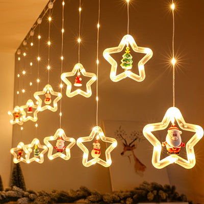 Luces de Cortina LED LiHangStar con Adornos de Santa, Muñeco de Nieve y Alce - Control Remoto por USB, Regulables en 8 Modos, Luces Estelares Amarillas Cálidas para Dormitorio Navideño, Fiesta, Boda, Cobertura de 15m²