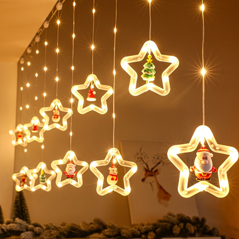 Luces de Cortina LED LiHangStar con Adornos de Santa, Muñeco de Nieve y Alce - Control Remoto por USB, Regulables en 8 Modos, Luces Estelares Amarillas Cálidas para Dormitorio Navideño, Fiesta, Boda, Cobertura de 15m²