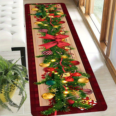Alfombra de pista de moda navideña de 1 pieza, con un grosor de 1,1 cm + adhesivo antideslizante + más de 500 gramos por metro cuadrado, diseño de árbol festivo con pelotas navideñas y arco, alfombra de corredor, decoración navideña de granja rural, alfo