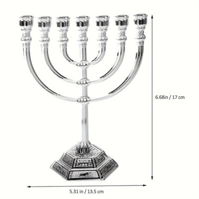 Menorah de 7 ramas tradicional de Hanukkah, candelabro de metal estilo templo dorado para decoración religiosa y festiva en el hogar, 1 pieza