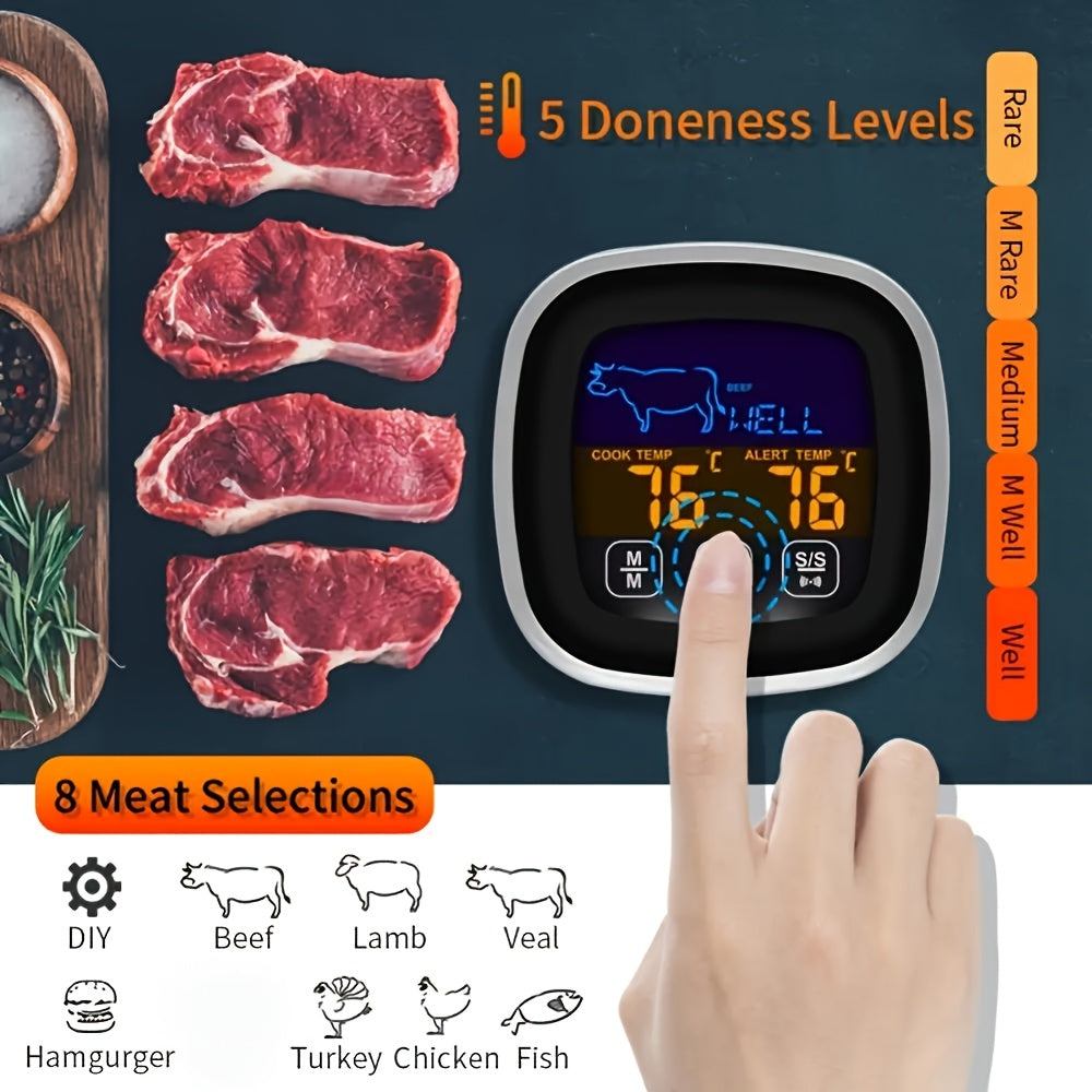 HOTU Gran Pantalla Táctil Termómetro de Carne con Temporizador de Reloj - Sonda de Acero Inoxidable para Parrilla, Horno, Horneado, Líquido, Dulce - Pantalla Digital, Sin Necesidad de Batería, Esenciales de Cocina | Termómetro Táctil | Construcción Durad