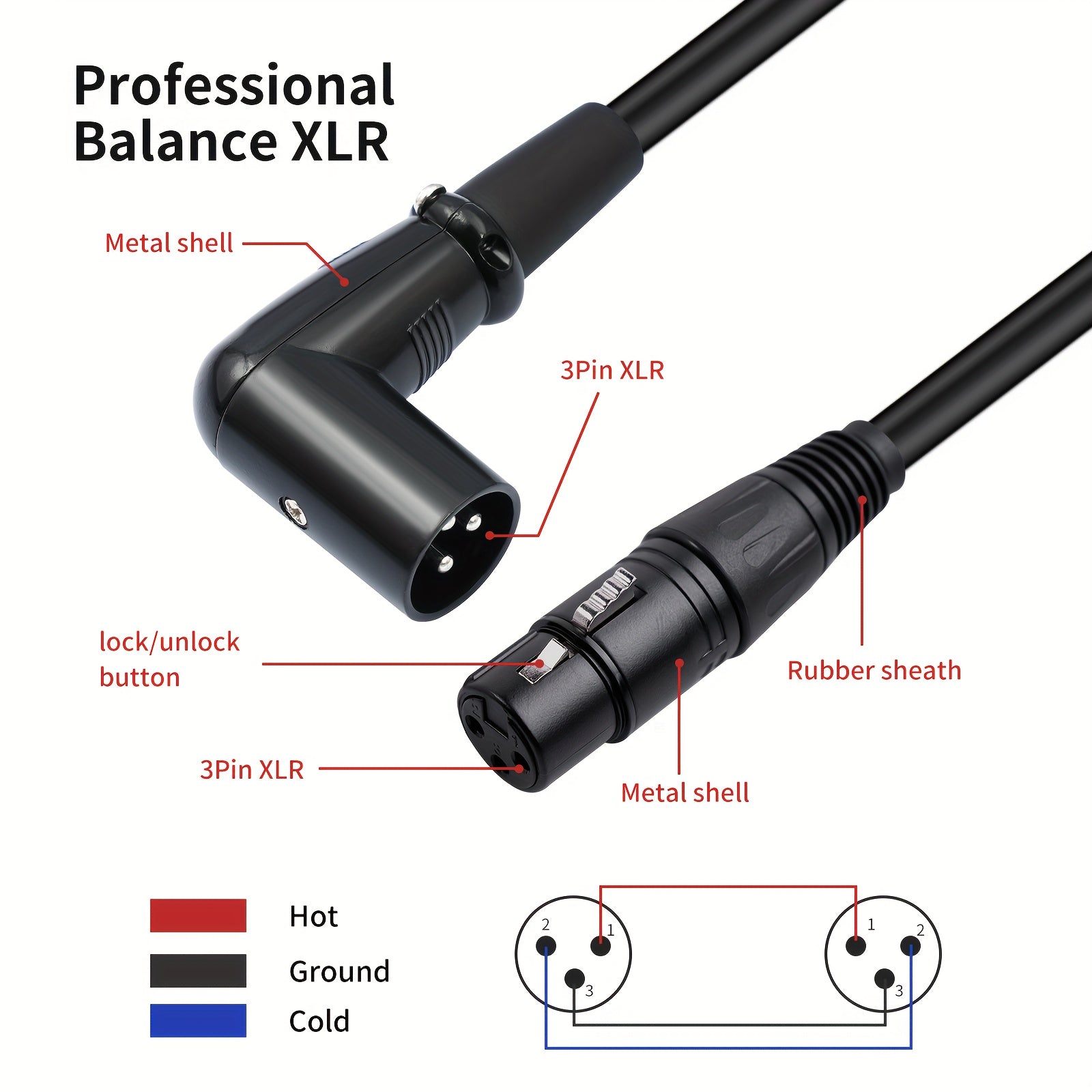 Cable de Audio XLR Macho a Hembra - Negro, Montaje con Tornillo, Cable de Extensión para Micrófono y Mezclador