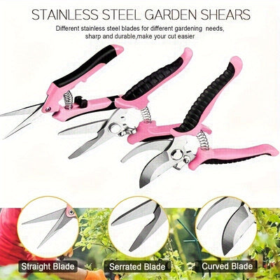 Juego de 4 Tijeras de Poda Profesionales Rosas - Tijeras de Jardinería de Acero Inoxidable para Flores/Ramas, Kit Multiusos Manual