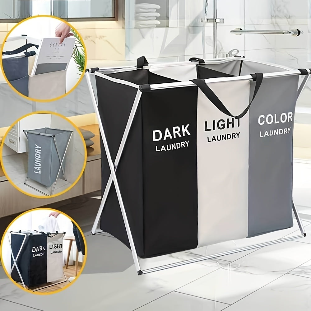 Cesto de ropa grande de 3 compartimentos con asas sólidas - Tejido duradero y estructura de aluminio, opciones de color negro/blanco/gris, diseño contemporáneo para la organización de la habitación de lavado, cesto de ropa, muebles para el hogar