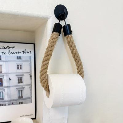 1 unidad de portarrollos de papel higiénico autoadhesivo de cuerda de cáñamo para pared, organizador de toallas para uso en el hogar