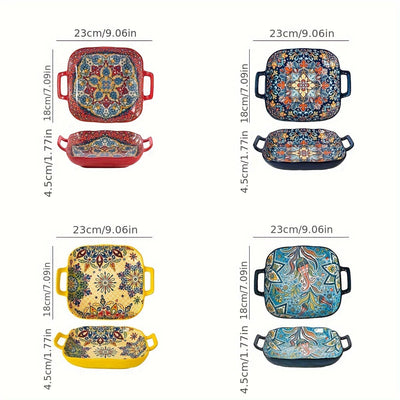 1 Juego de 4 Piezas de Platos Cuadrados Bohemios con Doble Asa. Platos Creativos de Cerámica, Versátiles para Frutas/Pastas. Diseño de 9 Pulgadas Seguro para Horno/Microondas. Asas Antideslizantes para Transporte Fácil, Elevando tu Ritual de Comida.