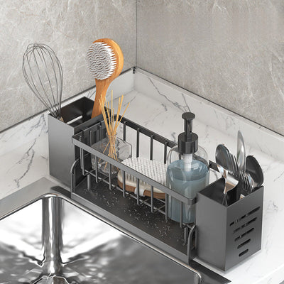 Estantería de Cocina Multifuncional y Compacta con Diseño Autodrenante, Portapalillos, Cuchillo, Tenedor, Cuchara y Toallero, Ideal para Barcos y Yates, 33.5 x 7.8 x 10.5cm, Construcción Metálica Negra, Almacenamiento en la Cocina del Barco | Elegante Es