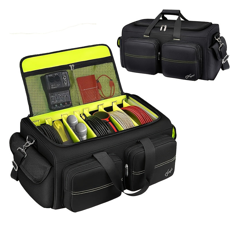 Bolso de DJ de gran capacidad con 6 bolsillos - Correa de hombro acolchada, poliéster duradero, organizador de cables de color neón verde y negro para cables de extensión, micrófonos, pedales, mezcladores de audio - Perfecto para músicos y actuaciones de