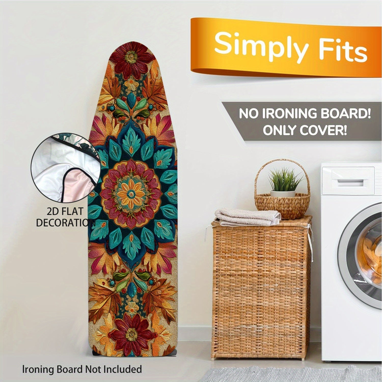 Funda de tabla de planchar 2D plana, vibrante y floral - Lavable, fácil de instalar, se adapta a la mayoría de las tablas estándar, diseño floral colorido con flores rosas, azules, verdes y naranjas, ideal para decoración del hogar en verano y otoño, fun