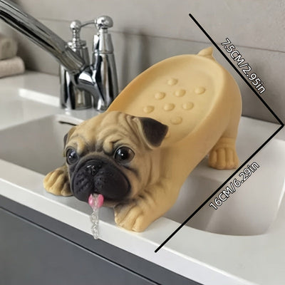 1 pieza de estatua de perro pug de resina, diseño realista, decoración de hogar resistente al agua para baño, cocina, sala de estar - forma ovalada, accesorio de baño | diseño juguetón | material resistente al agua, soporte de jabón para baño