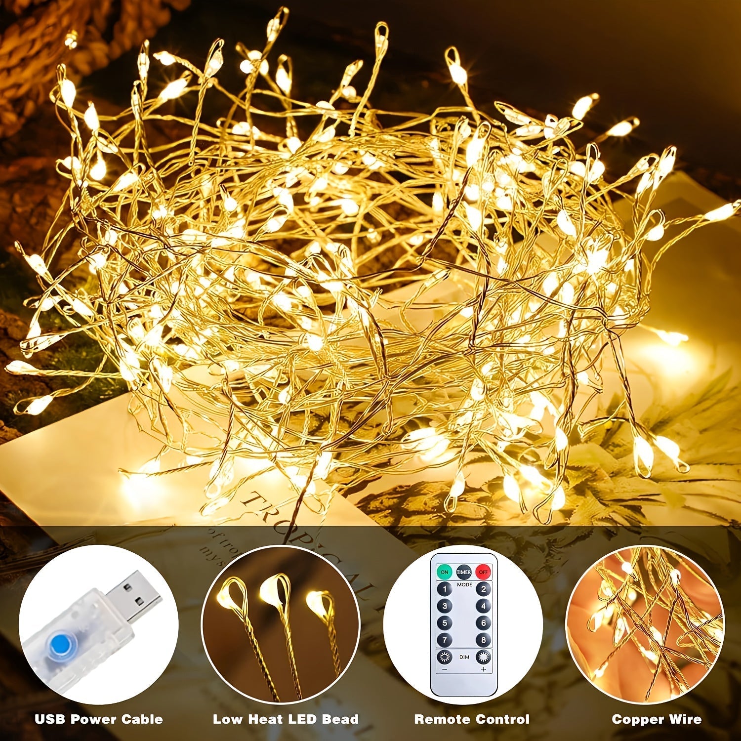 100 Luces de Cuento de Hadas con LED y 8 Modos de Parpadeo, Control Remoto USB y Temporizador - LEDes en Blanco Cálido/Coloridos para Árbol de Navidad, Dormitorio, Boda, Halloween y Decoración Festiva, Luces de Cadena Versátiles | Disposición Flexible de