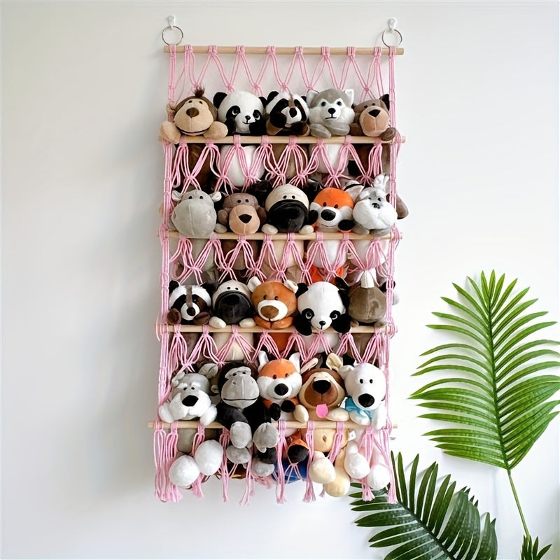 Estantería de Almacenamiento para Juguetes de Peluche Estilo Boho Chic de 1-4 Niveles - Organizador Tejido a Mano para Dormitorio, Guardería y Baño, Ideal para Animales de Peluche y Artículos Decorativos, Blanco, Almacenamiento Lindo