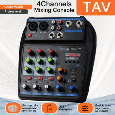 Mixer de audio portátil de 4 canales con interfaz USB - Consola de mezcla de sonido profesional mini DJ para producción de música en casa, karaoke y transmisión en vivo, mixer de audio para coche | Consola de mezcla compacta | Construcción duradera de pl