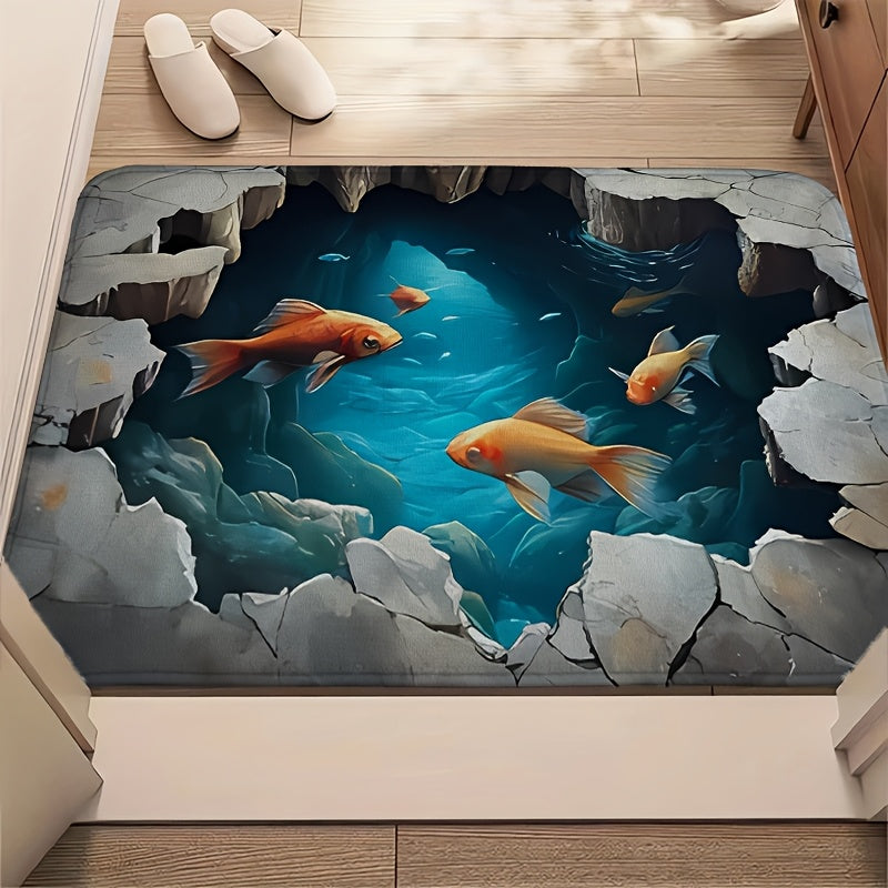 Alfombra de Cocina Ilusión 3D - Alfombra de Poliéster, 1.2 cm/0.47 pulgadas de Grosor con Diseño de Océano y Peces - Alfombra Decorativa Lavable en Máquina para Hogar u Oficina - Paisaje Submarino Realista con Efecto Roca Agrietada - Una Pieza