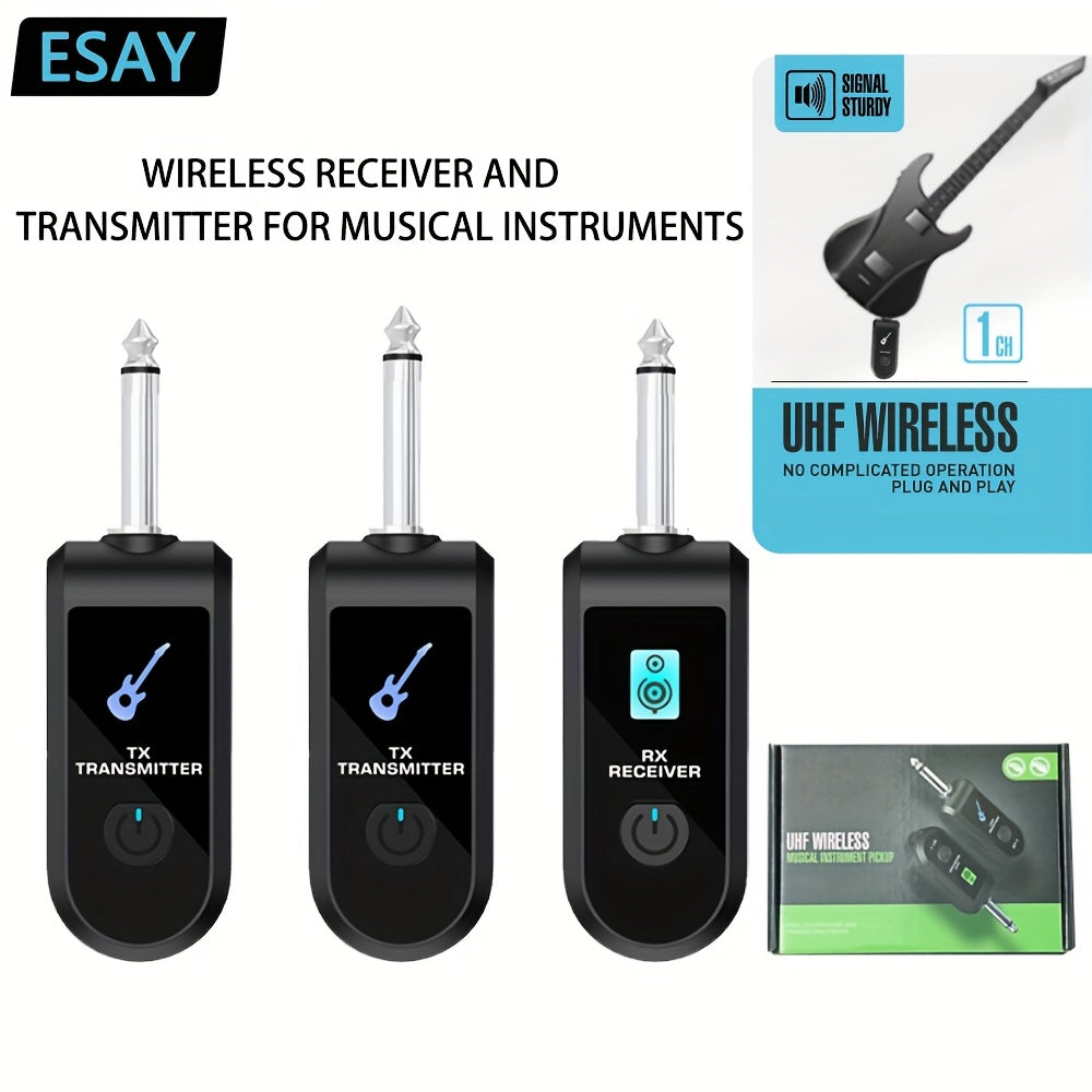 ESAY sistema de radio para guitarra, con batería recargable incorporada, transmisor y receptor sin varillas de audio con bajo, conector 6.35mm para guitarras eléctricas, bajos, violines eléctricos, teclados electrónicos e instrumentos musicales y efectos
