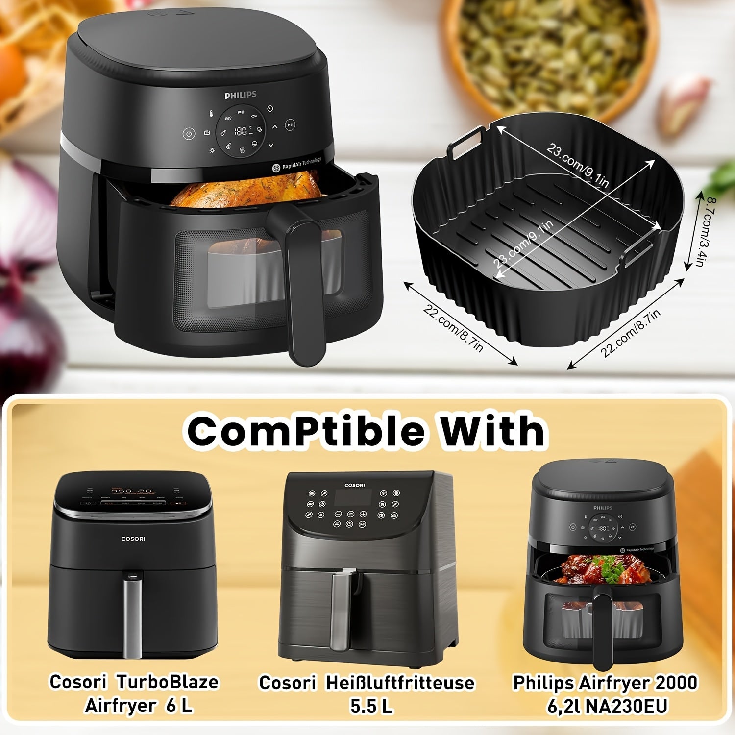 1/2 Bandeja de hornear de silicona negra con superficie antiadherente, ideal para freidora de aire, horno y microondas - Perfecta para modelos de freidora de aire for philips NA230 y COSORI6.2L, bandeja de freidora de aire | Bandeja de hornear duradera |