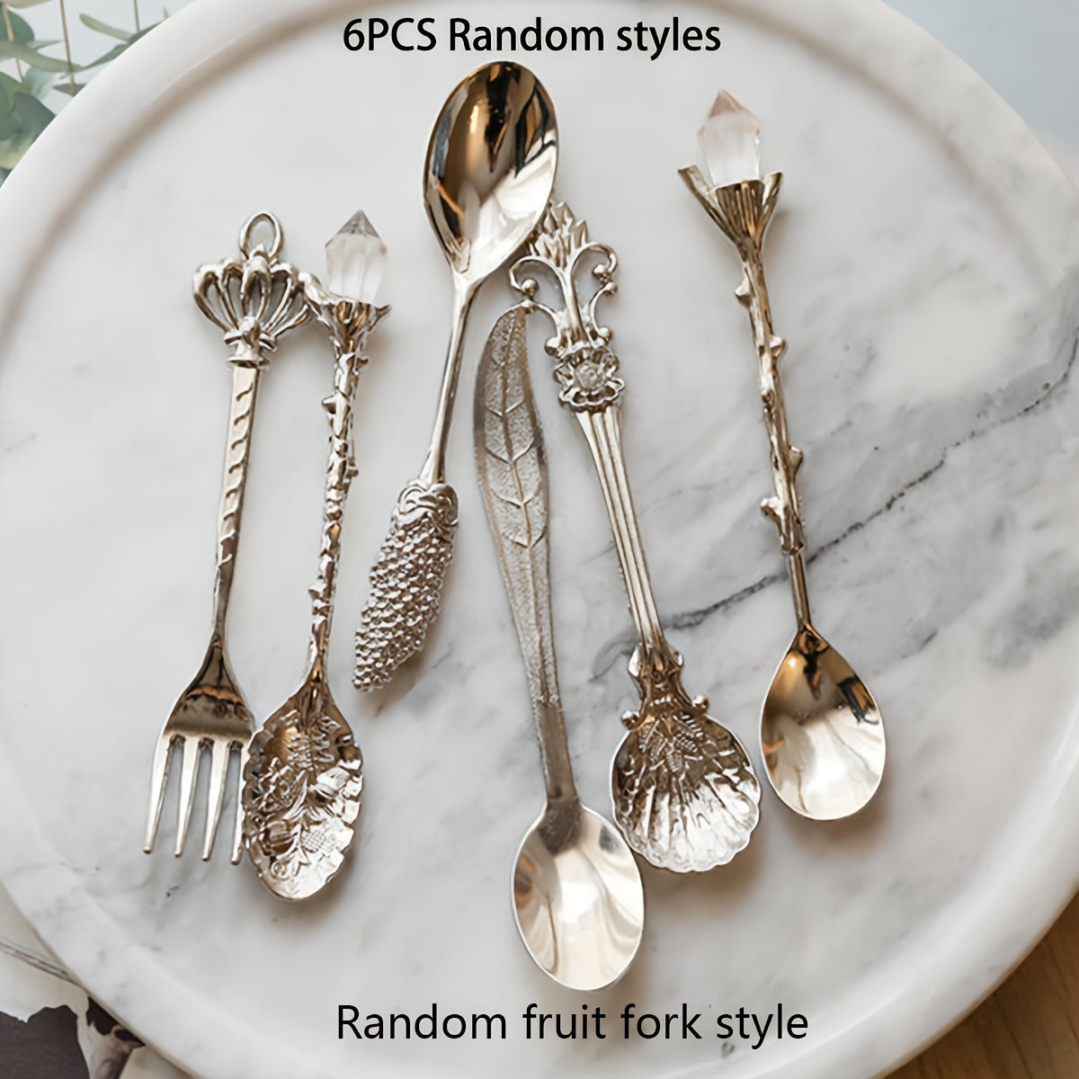 6 Paquetes/Conjunto, Cucharas de postre doradas estilo europeo, Cucharas de café vintage, Cucharas de postre de frutas talladas en metal estilo retro, Adecuadas para cocina y comedor, Estilo clásico, Algunos estilos son aleatorios.