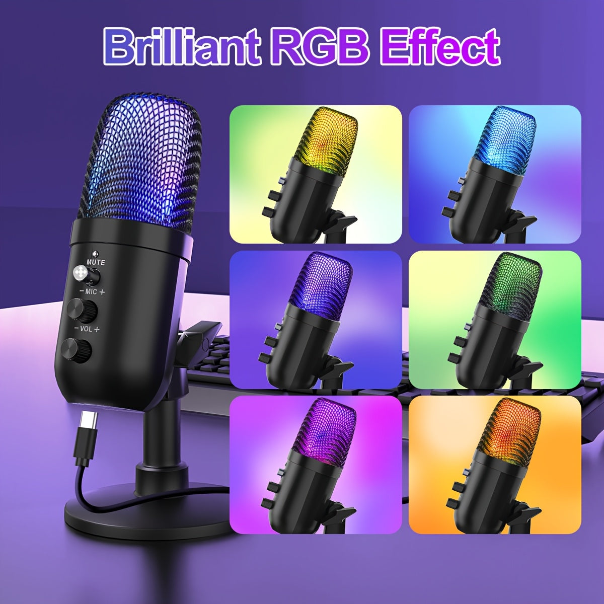 Microfono de Condensador ZealSound USB con Iluminación RGB - Plug and Play, Compatible con PC, PS4 & 5, Mac y Dispositivos Móviles - Ideal para Discord y Grabaciones en Zoom - Incluye Adaptador Tipo-C, Botón Silencio, Soporte Trípode, Filtro Pop y Antivi