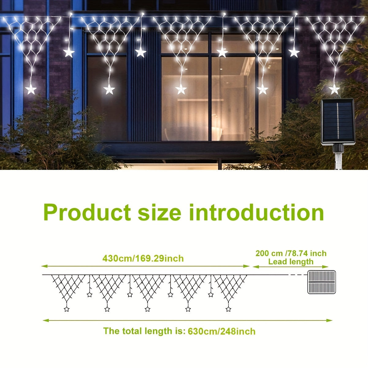 Luces solares en forma de estrella, 162 LED, 6.3 metros - 1 unidad, 8 modos de iluminación, malla de luces decorativas con batería solar removible, perfectas para decoración de dormitorio, patio, camping, bodas, porche y ambiente festivo (disponible en v