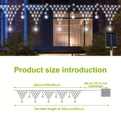 Luces solares en forma de estrella, 162 LED, 6.3 metros - 1 unidad, 8 modos de iluminación, malla de luces decorativas con batería solar removible, perfectas para decoración de dormitorio, patio, camping, bodas, porche y ambiente festivo (disponible en v