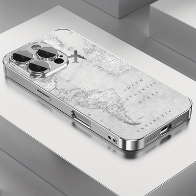 Fundas de Teléfono TPU Electroplateadas con Patrón Creativo de Vuelo en Mapa Gris y Protección para Lente para iPhone 16/16Pro/16ProMax/16Plus/16e, 15/15Plus/15Pro/15ProMax, 14/14Plus/14Pro/14ProMax, 13/13Pro/13ProMax, 12/12Pro/12ProMax, 11/11Pro/11ProMa