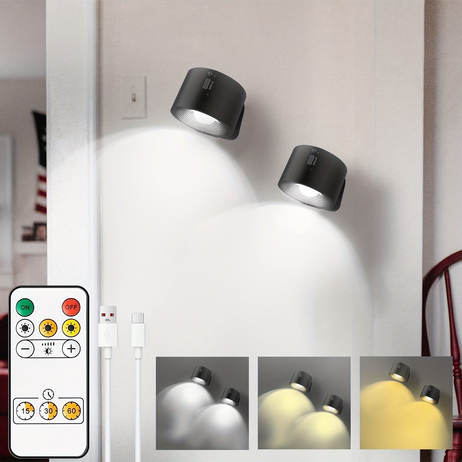 Apliques de pared LED festivos: 1/2 juego, regulables, 3 temperaturas de color, control remoto, rotación 360°, carga USB, ideales para decoración navideña, perfectos como regalo de Navidad, oficina, habitación, hotel, fiesta o restaurante