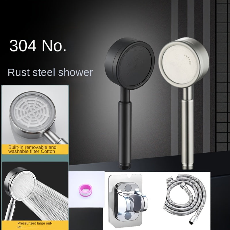 Set de ducha de acero inoxidable, boquilla de ducha de alta presión de mano a prueba de óxido 304 con montaje de inserción, forma redonda, filtro lavable incorporado, conector universal G1/2 - Accesorios de ducha para baño