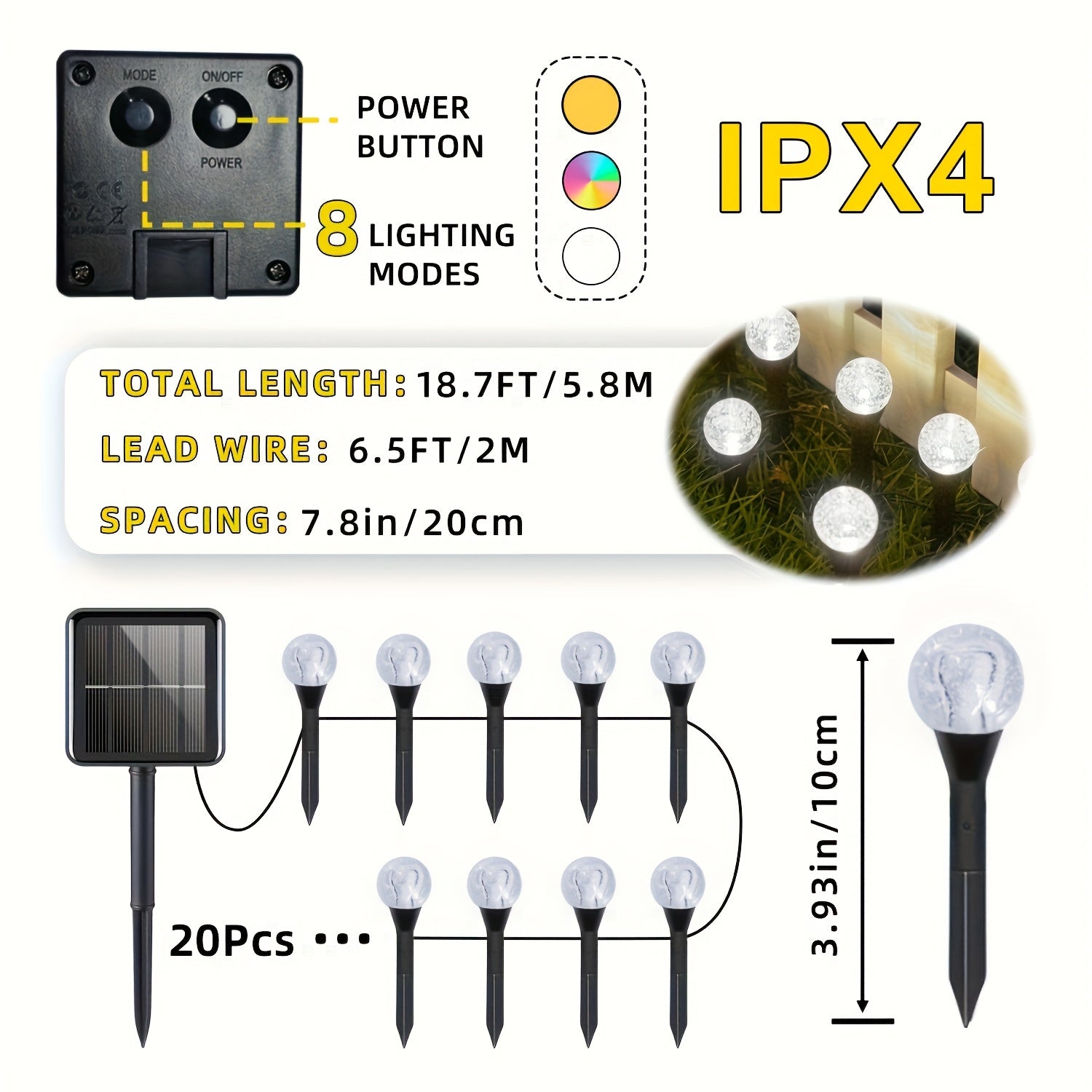 20 Piezas de Luces Solares de Bola de Cristal para Exteriores, 18.7 Pies/5.8m IPX4 con 8 Modos de Iluminación y Sensor de Luz Encendido/Apagado, para Jardín, Patio, Camino y Paisajismo