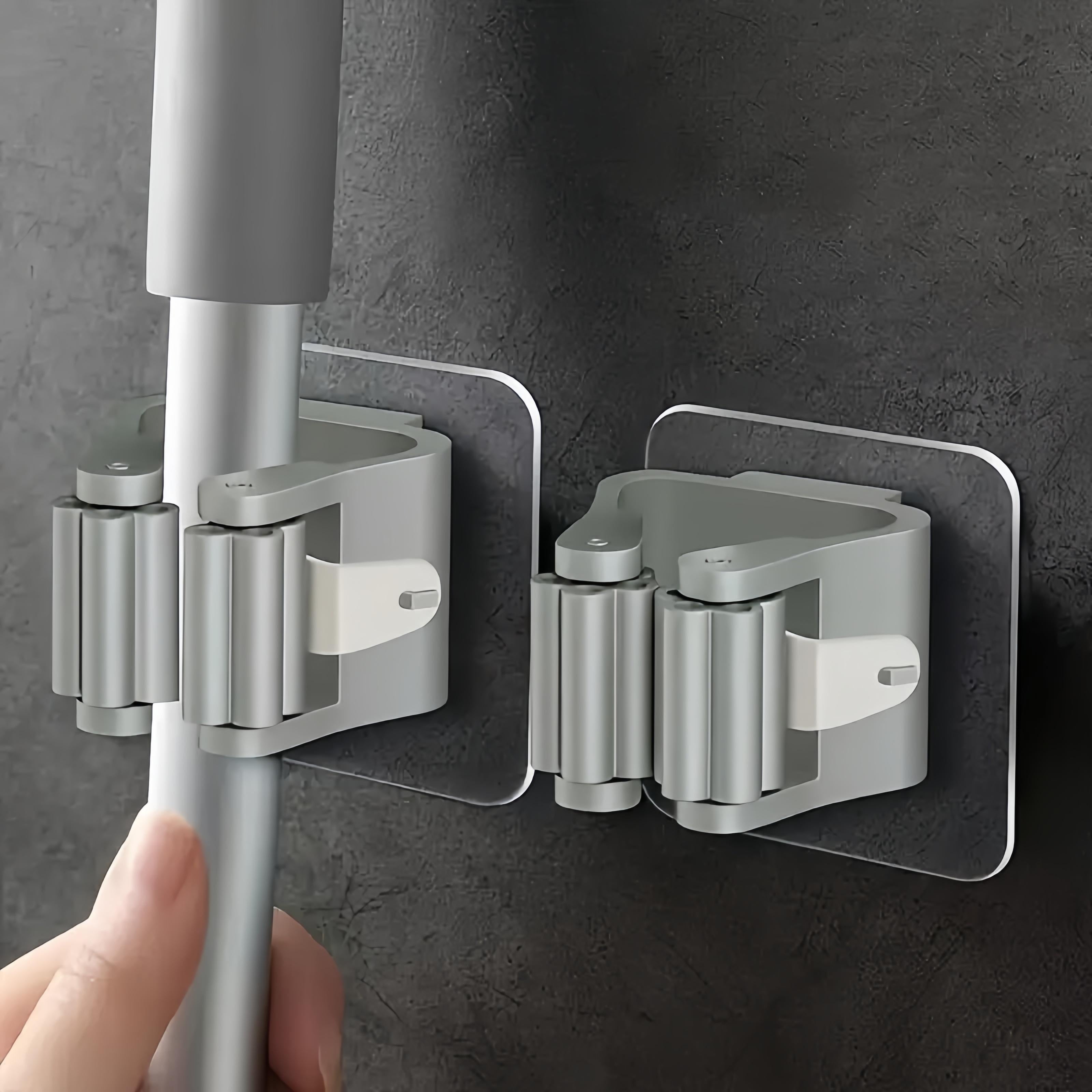 1/2/3pcs Soporte para trapeador y escoba montado en la pared, organizador de plástico de estilo contemporáneo, solución de almacenamiento fuerte adhesivo sin taladro para baño y cocina, ganchos de utilidad