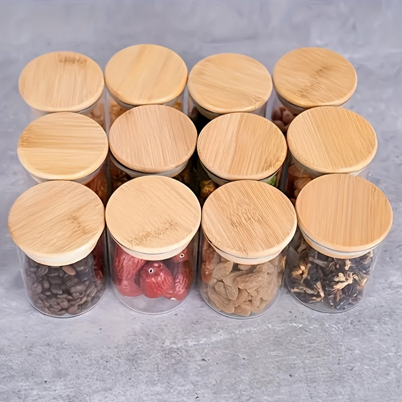 1 Juego de 12 Jarras de Vidrio Transparente Redondas de Uso Alimentario con Tapa de Bambú, Papel y Pluma, para Almacenamiento de Comida, Snacks, Hierbas, Granos y Frutas Secas, con un Estilo Simple.