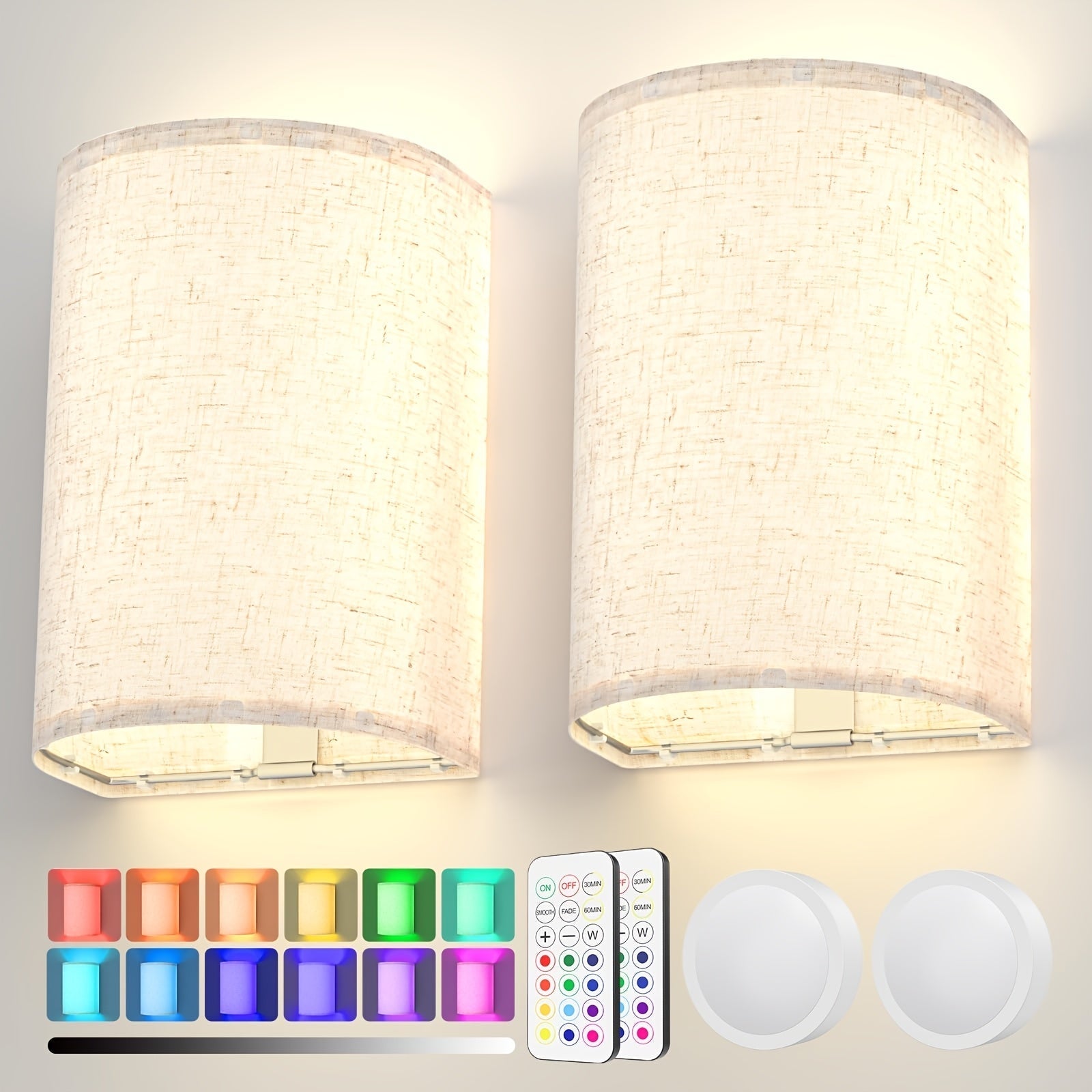 2 unidades, LED, Control remoto, CCT 3 colores/RGB 16 colores ajustables, Ajuste de brillo, Instalación magnética, Lámpara de pared de tela, Lámpara de atmósfera, Lámpara decorativa, (No incluye baterías)