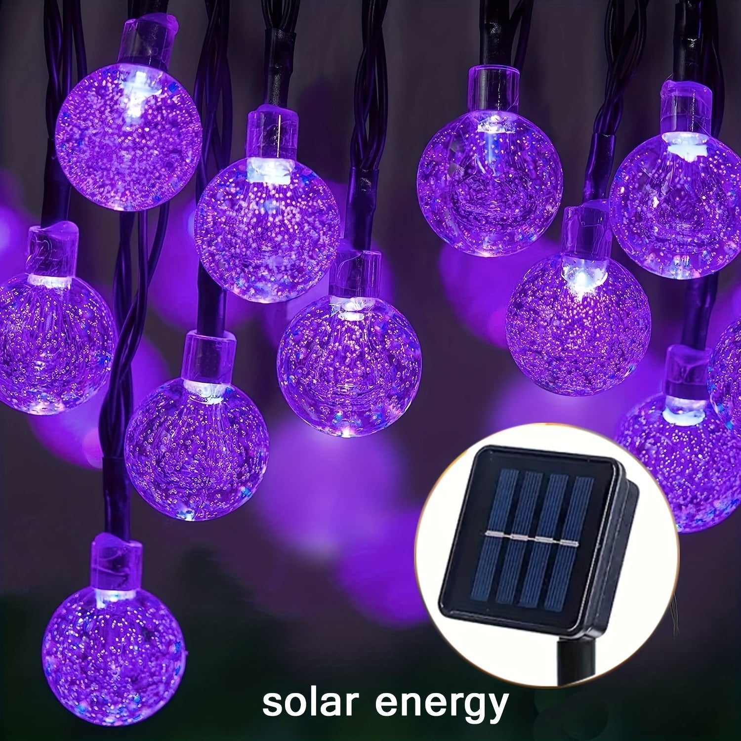 Luz de burbujas solar con 8 funciones, color morado, diámetro de bola 1.7 cm/0.67 pulgadas, luces decorativas para Halloween, lámpara de ambiente festivo, 1 cuerda (5 metros y 20 luces o 6.5 metros y 30 luces)