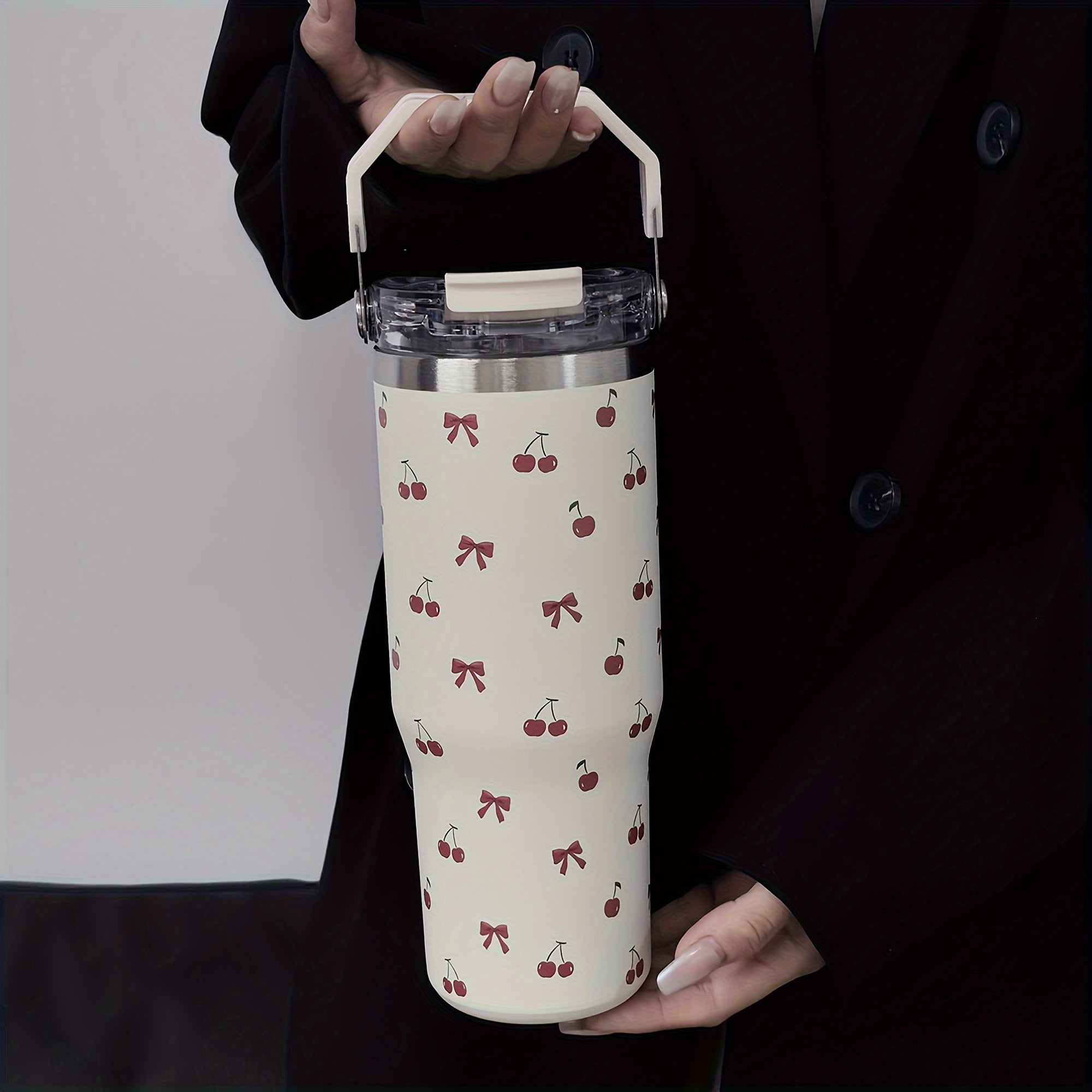 1 pieza de vaso aislado de acero inoxidable de la serie tulipán, 900 ml/33,44 oz, botella de agua reutilizable de gran capacidad con asa y pajilla, doble boca para beber, fondo plano, solo lavado a mano.