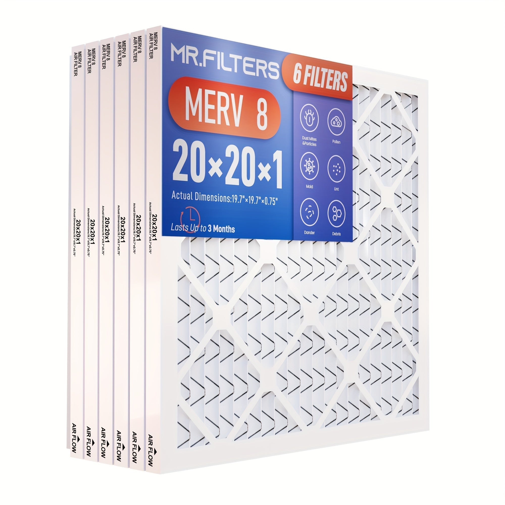 6pcs Filtros de Aire Plisados Mr.Filters MERV8/MERV11/MERV13, 50.8x50.8 cm, Defensa contra el Polvo para HVAC AC Calentador, Compatible con Estufa, Material de Metal y PET, Filtros de Repuesto para el Hogar
