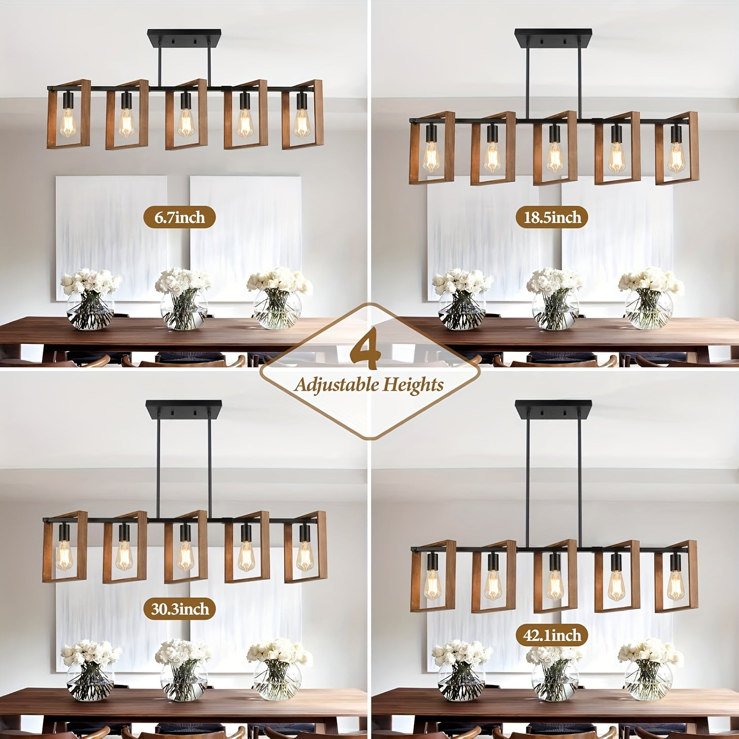 Lámpara de cocina rústica de 105.41 cm - Candil de comedor ajustable con 5 luces, acabado en madera rústica y metal negro mate, montaje semiempotrado con base E26 (focos no incluidos) para cocina, mesa de billar, comedor, iluminación de cocina | Encanto