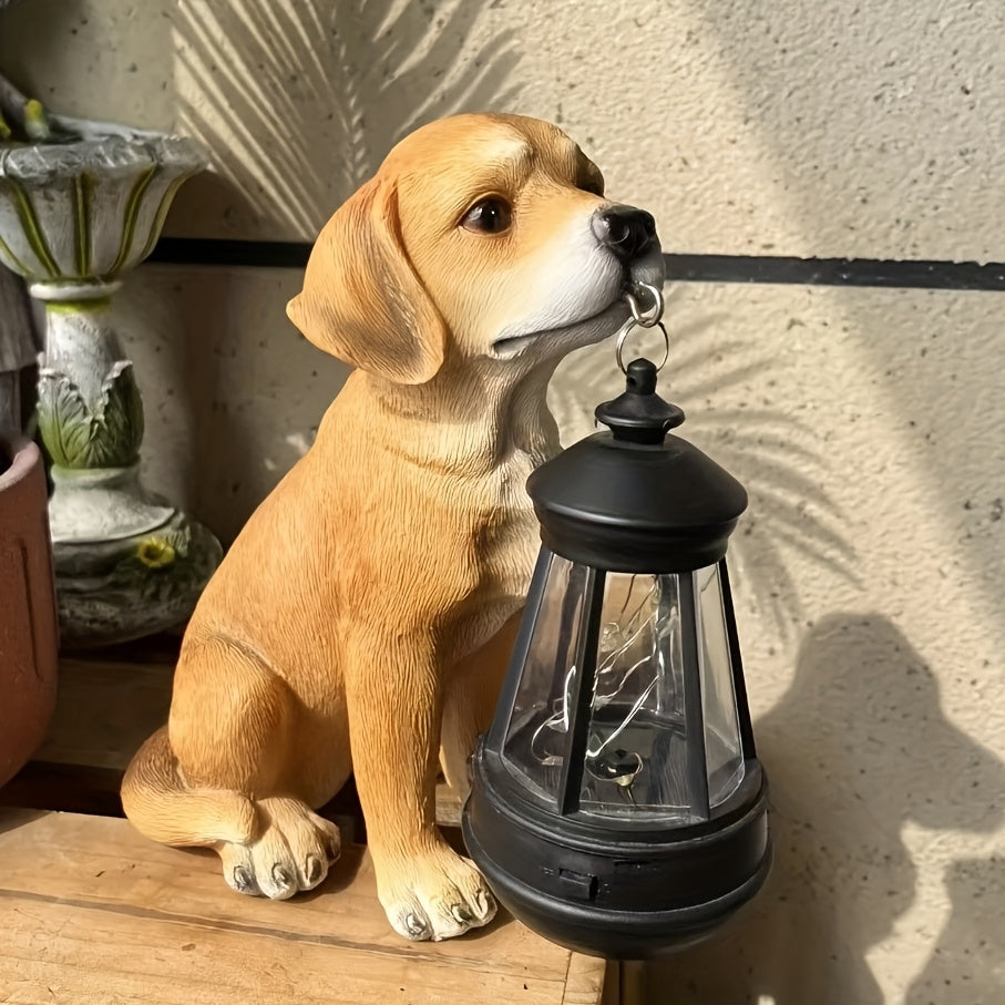 1 pieza de adorno solar para jardín, escultura de perro mordedor mediano, decoración para balcón, patio o interior, material de resina, uso en interiores y exteriores
