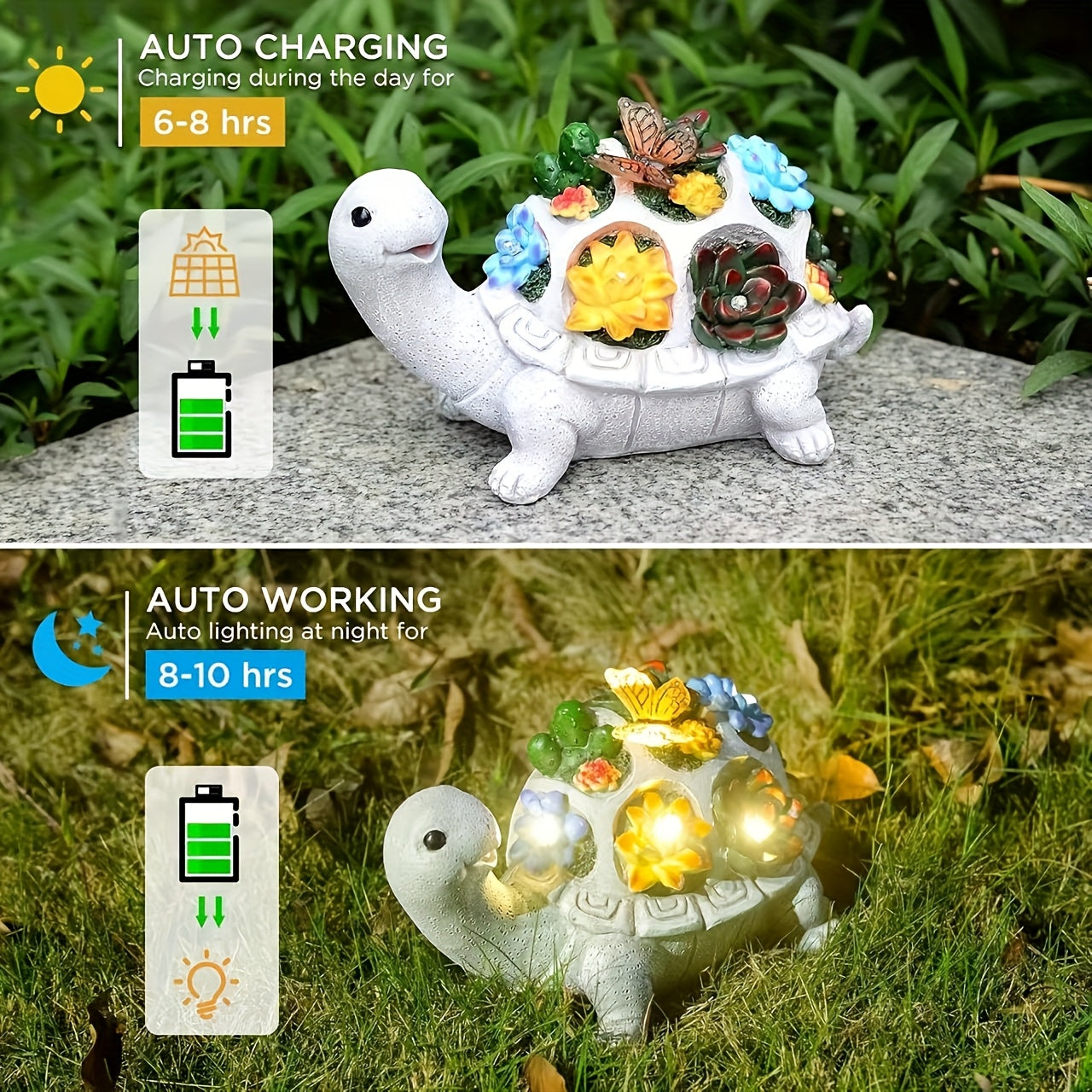 1 Estatuilla de Tortuga con Flores y Mariposas Coloridas Alimentada por Energía Solar - Decoración Impermeable IPX4 para Exteriores, Jardines, Patios e Interiores