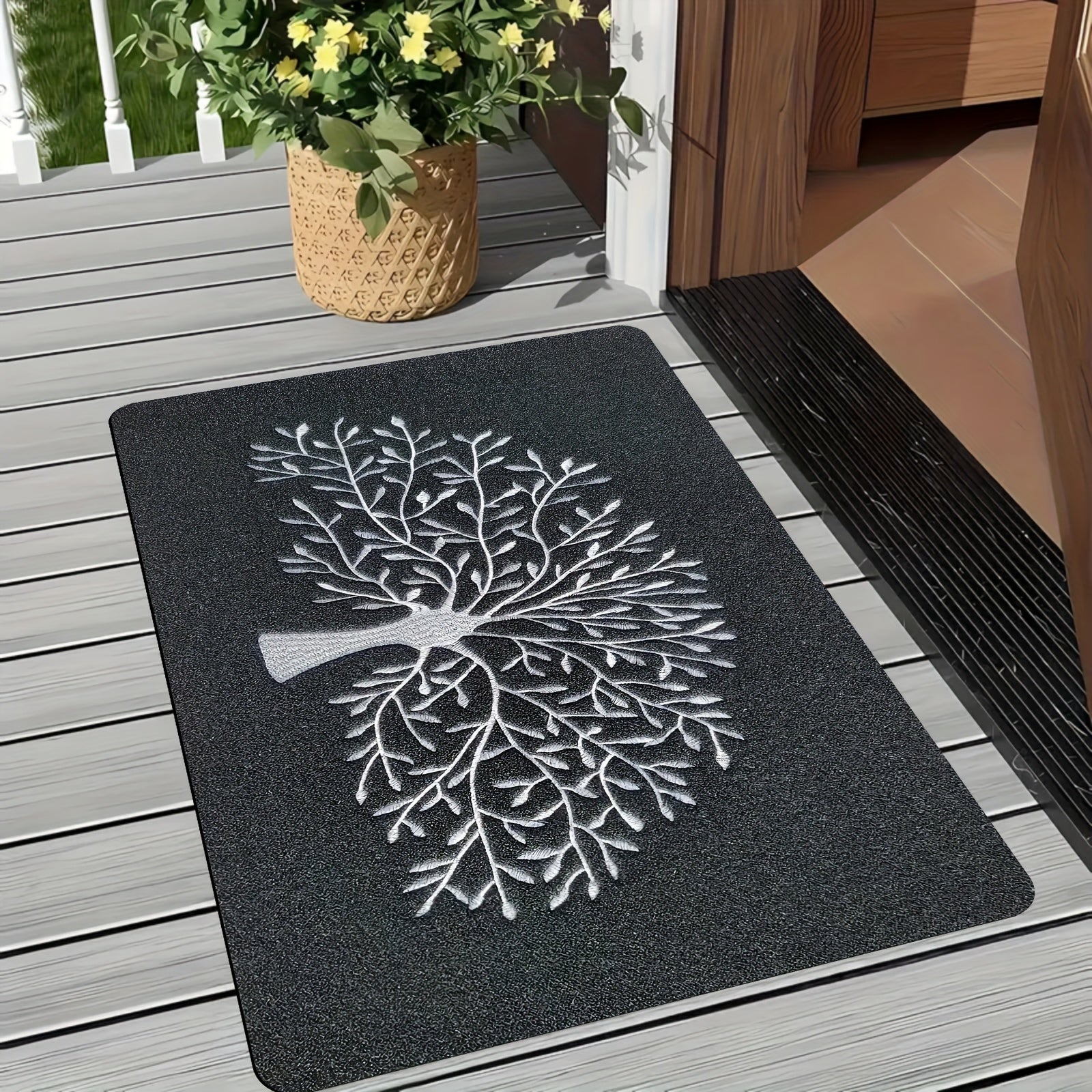Tapete de puerta con diseño de árbol grande, con respaldo antideslizante duradero - Tapete de poliéster negro para entrada, sala de estar, dormitorio, cocina - Lavable en máquina, ideal para decoración del hogar y la habitación, tapete interior y exterio