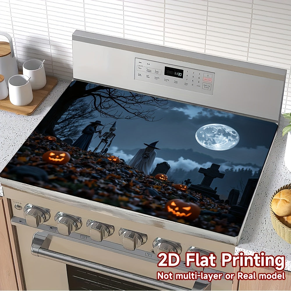 1pc Protector de Encimera para Cocina de Halloween - Decoración Espeluznante con Calabazas, Sombreros de Bruja y Escena de Cementerio - Superficie Antideslizante, Fácil de Limpiar en Poliéster para Estufa, Lavadora, Secadora, Cafetera - Ideal para Decora