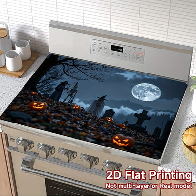 1pc Protector de Encimera para Cocina de Halloween - Decoración Espeluznante con Calabazas, Sombreros de Bruja y Escena de Cementerio - Superficie Antideslizante, Fácil de Limpiar en Poliéster para Estufa, Lavadora, Secadora, Cafetera - Ideal para Decora